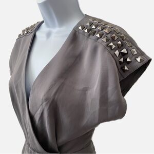 Silence + noise, Grey Studded Romper with Plunging V-Neck with Cap Sleeves.
